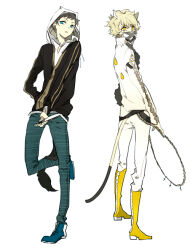 Rule 34 | 2boys, animal ear hood, animal ears, aqua pants, black jacket, black shirt, blonde hair, blue eyes, blue footwear, boots, brown hair, cat boy, cat ears, cat tail, chain, collared jacket, covered mouth, dog boy, dog ears, dog tail, fake animal ears, fingernails, frown, full body, grey mask, hand in pocket, high collar, holding, holding chain, holding knife, hood, hood up, hoodie, jacket, knee boots, knife, leg up, long sleeves, male focus, mask, mouth mask, multiple boys, original, pants, parted lips, partially unzipped, shirt, shoes, short hair, simple background, standing, striped clothes, striped pants, suou (sdurorhr), tail, two-tone mask, v-shaped eyebrows, white background, white hoodie, white jacket, white mask, white pants, yellow boots, yellow eyes