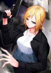 1girl aya_brea black_jacket blonde_hair blue_eyes breasts denim gun handgun holding holding_gun holding_weapon jacket jeans long_hair looking_at_viewer pants parasite_eve_(series) parasite_eve_i solo waka_(shark_waka) weapon