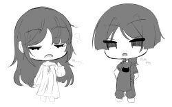 1boy 1girl alternate_costume alternate_hairstyle animal_print apron arm_at_side arms_behind_back blunt_ends casual cat_print closed_eyes contemporary cropped_legs eyelashes genshin_impact greyscale hair_down half-closed_eyes hand_up highres kgt1mzp8wzk83g6 long_hair long_sleeves mona_(genshin_impact) monochrome nightgown open_mouth pants parted_bangs raised_eyebrows ribbon scaramouche_(genshin_impact) shirt short_sleeves sketch sleepwear sleeves_rolled_up standing tearing_up tears white_background wispy_bangs yawning