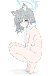 1girl animal_ear_fluff barefoot blue_archive blue_eyes completely_nude covered_erect_nipples from_side grey_hair hair_behind_ear highres long_hair nude parted_lips shiroko_(blue_archive) sidelocks squatting stomach t1kosewad tail towel towel_around_neck very_long_hair wolf_girl wolf_tail