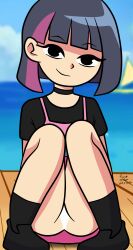 1girl absurdres black_eyes blue_hair cola_(scissor_seven) female_focus highres loli looking_at_viewer outdoors panties pink_hair robert_rose_(philelmago) scissor_seven short_hair solo underwear