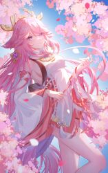 1girl absurdres animal_ears aqinorz bare_shoulders blush breasts detached_sleeves earrings falling_petals flower fox_ears genshin_impact hair_between_eyes hair_ornament highres holding japanese_clothes jewelry long_hair petals pink_hair purple_eyes sideboob smile solo very_long_hair wide_sleeves yae_miko