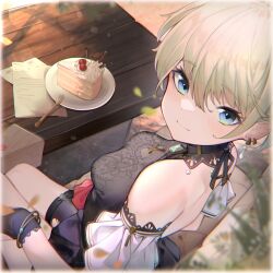 1girl absurdres bare_shoulders bei_qi black_gloves blue_eyes blush breasts brown_hair cake cake_slice closed_mouth commentary couch earrings food fork gloves hair_between_eyes highres jewelry lace lace-trimmed_gloves lace_trim looking_at_viewer looking_to_the_side medium_breasts on_couch original plate pleated_skirt purple_skirt short_hair sitting skirt smile solo symbol-only_commentary table