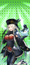 1girl absurdres argyle_background ball bare_shoulders belt bird black_gloves black_pants boots bracelet braid breasts cape cleavage cup dress earrings elbow_gloves fishnets fur_trim giuniu gloves green_background grey_hair hair_ornament hat high_heel_boots high_heels highres holding jewelry large_breasts leg_up lipstick long_hair looking_at_viewer magic makeup medium_breasts morigan_raven one_eye_closed open_mouth pants pantyhose pointy_ears poke_ball purple_eyes red_eyes scarf shoes side_braid single_braid skull smile solo standing standing_on_one_leg thighhighs uchi_no_hime-sama_ga_ichiban_kawaii very_long_hair weapon white_hair