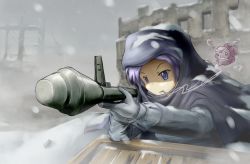 blue_eyes blue_hair cape cigarette fat_(artist) gloves high-explosive_anti-tank_(warhead) hood kumoi_ichirin man-portable_anti-tank_systems panzerfaust recoilless_gun ruins snow solo touhou unzan world_war_ii
