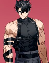 1boy bandaged_arm bandages biceps black_choker black_hair black_shirt blue_eyes chest_harness choker closed_mouth collarbone commentary_request compression_shirt covered_abs domo_(domo_kizusuki) ear_piercing earrings facial_scar genshin_impact grey_hair grey_pants hair_between_eyes harness highres jewelry looking_at_viewer male_focus multicolored_hair multiple_scars muscular muscular_male o-ring o-ring_choker pants parted_bangs pectorals piercing red_background scar scar_on_arm scar_on_cheek scar_on_face scar_on_neck scar_on_shoulder serious shirt short_hair simple_background sleeveless sleeveless_shirt solo streaked_hair stud_earrings turtleneck v-shaped_eyebrows wriothesley_(genshin_impact)