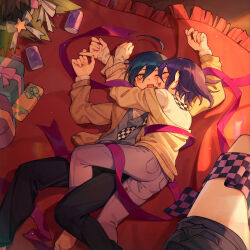 2boys ;d ahoge alternate_costume ass black_hair black_pants can checkered_necktie christmas_tree closed_eyes danganronpa_(series) danganronpa_v3:_killing_harmony ewa_(seraphhuiyu) gift grey_pants hair_between_eyes happy highres hug long_sleeves looking_at_another lying male_focus multiple_boys necktie oma_kokichi on_back one_eye_closed open_mouth pants purple_hair saihara_shuichi short_hair smile