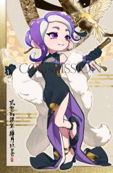 1girl absurdres bare_shoulders bead_bracelet beads bird black_dress black_footwear black_gloves bracelet breasts champagne_flute china_dress chinese_clothes cleavage commentary commission congcongcon cup dress drinking_glass earrings elbow_gloves eyebrow_cut full_body fur_shawl gloves grin hair_ornament hair_stick hand_fan highres holding holding_cup holding_fan jewelry long_dress mandarin_collar medium_hair nintendo octoling octoling_girl octoling_player_character parted_bangs purple_eyes purple_hair shawl shell shell_earrings side_slit sleeveless sleeveless_dress smile solo splatoon_(series) standing standing_on_one_leg tassel tassel_hair_ornament tentacle_hair translation_request two-sided_dress two-sided_fabric watermark white_shawl