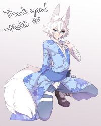 Rule 34 | 1boy, androgynous, animal ear fluff, animal ears, bandages, blue eyes, commentary, commission, fox boy, fox ears, fox tail, fur trim, highres, japanese clothes, kimono, mokotoko9, obi, original, sash, short kimono, short yukata, solo, squatting, tail, white hair, yukata