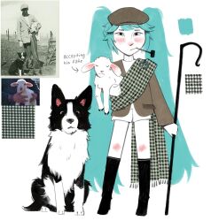 Rule 34 | 1girl, animal, aqua eyes, aqua hair, black footwear, boots, border collie, brooch, color guide, dog, flat cap, german shepherd, gingham, gingham shawl, hat, hatsune miku, highres, holding, holding animal, holding staff, jacket, jewelry, knee boots, looking at viewer, milkghost, patterned clothing, pipe in mouth, real life insert, sheep, shepherd&#039;s crook, short shorts, shorts, smoking pipe, staff, suit jacket, sweater, turtleneck, turtleneck sweater, vocaloid, white background