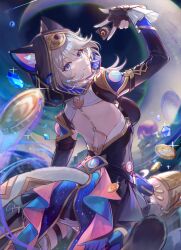1girl :3 animal_ear_fluff animal_ears artist_name backless_jacket black_gloves black_jacket blue_eyes cat_ears cat_girl cat_tail cipher_(honkai:_star_rail) clothing_cutout coin csyday fingerless_gloves from_behind gloves gold_coin grey_hair highres honkai:_star_rail honkai_(series) hood hood_up hooded_jacket jacket long_sleeves looking_at_viewer looking_back solo tail tail_through_clothes