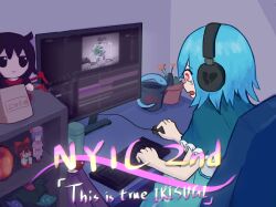 Rule 34 | 1girl, blue capelet, blue hair, blue skirt, broken heart print, capelet, character doll, coldfish ovo, commentary request, computer, computer keyboard, computer mouse, cookie (touhou), doll, frilled capelet, frills, fumo (doll), hakurei reimu, headphones, highres, hisaka (cookie), houjuu nue, indoors, karakasa obake, meimei (cookie), mioto (cookie), open mouth, plant, potted plant, purple umbrella, red eyes, remilia scarlet, sakenomi (cookie), second-party source, short hair, sitting, skirt, solo, tatara kogasa, touhou, umbrella, upper body, watering can