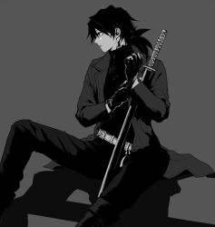 Rule 34 | 1boy, adjusting clothes, adjusting gloves, belt, black gloves, black hair, black pants, black shirt, feet out of frame, gloves, grey background, grey jacket, greyscale, hair between eyes, holding, holding sword, holding weapon, jacket, katana, kimetsu no yaiba, long hair, low ponytail, male focus, monochrome, pants, ponytail, shirt, sinba (ying-hua), sitting, solo, sword, tomioka giyuu, turtleneck, weapon, white belt