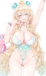 Rule 34 | 1girl, :d, arm up, armpits, azur lane, blonde hair, bracelet, breasts, cleavage, commentary, dishwasher1910, gluteal fold, guam (azur lane), heart, heart tattoo, highres, jewelry, large breasts, long hair, manjuu (azur lane), open mouth, pink eyes, simple background, smile, solo, standing, star-shaped pupils, star (symbol), symbol-shaped pupils, tattoo, thighs, very long hair, white background