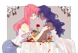 2girls camisole closed_eyes cup dark-skinned_female dark_skin denim dress drink drinking_straw elbows_on_table falling_petals flower himemiya_anthy holding_hands jeans leaning_forward long_hair looking_at_another multiple_girls pants petals pink_hair purple_hair red_flower red_petals red_rose rose rose_petals sbcd657 shoujo_kakumei_utena smile strapless strapless_dress tenjou_utena u_u vase white_camisole white_dress yuri