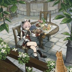 1boy :q animal beer_mug black_boots black_gloves boots bread cat chair commentary_request crossed_bangs cup dahlia_(genshin_impact) flower food genshin_impact gloves hat highres hishida_(koko_escape) holding holding_cup holding_food leaf male_focus mug on_chair pink_flower pink_hair shorts sign sitting table tongue tongue_out white_flower white_hat