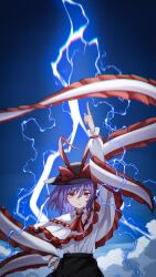 1girl arm_up ascot black_skirt bow capelet chunjiu closed_mouth collared_shirt commentary_request frilled_shawl frills hagoromo hand_on_own_hip hat hat_bow highres lightning long_sleeves looking_at_viewer nagae_iku outdoors pointing pointing_up purple_hair red_ascot red_eyes saturday_night_fever shawl shirt skirt solo touhou white_shirt
