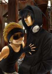 Rule 34 | 2boys, artist request, black hair, blonde hair, delinquent, gangster, goggles, grin, hat, headband, headphones, headphones around neck, hood, hoodie, male focus, multiple boys, muscle shirt, original, short hair, smile, smirk, spiked hair, sweatband, sweater, teeth