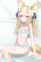 1girl 4kimizuki absurdres amemochi_nina animal_ear_fluff animal_ears bikini blue_bikini blue_ribbon blush braid breasts brown_eyes brown_hair commentary flower fox_ears fox_girl fox_tail hair_flower hair_ornament hairclip highres long_hair multicolored_hair navel open_mouth pool poolside ribbon sitting small_breasts smile solo stomach streaked_hair swimsuit tail thighs twin_braids varium virtual_youtuber white_hair