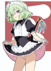 1girl apron black_dress cleft_of_venus clothes_lift dress dress_lift duster flat_chest green_hair highres looking_at_viewer maid maid_headdress matuo3232 mouri_teru no_panties parted_lips purple_eyes pussy rance_(series) sengoku_rance short_hair smile solo