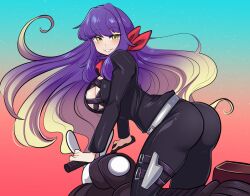 1girl ass bandana belt biker_clothes bikesuit black_bodysuit blonde_hair blue_background bodysuit breasts center_opening cleavage commentary cross-laced_clothes english_commentary feet_out_of_frame gradient_background gradient_hair grey_belt grin hijiri_byakuren large_breasts long_hair looking_at_viewer looking_back missandydandy motor_vehicle motorcycle multicolored_hair on_motorcycle orange_background purple_hair red_bandana smile solo touhou turbo_byakuren very_long_hair yellow_eyes