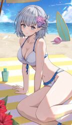 1girl absurdres ball beach beachball beta_(kage_no_jitsuryokusha_ni_naritakute!) bikini blue_eyes blue_sky braid breasts cleavage cloud day elf front-tie_bikini_top front-tie_top half_up_braid highres horizon kage_no_jitsuryokusha_ni_naritakute! large_breasts looking_at_viewer lotion matsumoto_yuu ocean outdoors planted_surfboard pointy_ears purple_hair short_hair sitting sky solo sunscreen surfboard swimsuit white_bikini yokozuwari