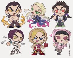 1girl 5boys androgynous animal_ears animal_hood animal_print bear_ears belt black_hair black_pants black_sleeves blonde_hair blue_eyes blunt_ends boots brown_coat brown_hair brown_pants chibi chibi_only coat commentary commentary_request cow_print diamond_wa_kudakenai doctor_ferdinand earth_wind_&amp;_fire_(stand) fake_animal_ears fangs full_body gloves green_eyes hand_on_own_hip hazekura_mikitaka heart higashikata_daiya highres hood hood_up illuso jacket jojo_no_kimyou_na_bouken jojolion long_hair looking_at_viewer multiple_boys naru_tomaki open_mouth pants pectorals pointy_ears ponytail purple_eyes purple_hair red_boots red_gloves rikiel rubber_soul short_hair sky_high_(stand) smile stand_(jojo) stardust_crusaders steel_ball_run stone_ocean striped_clothes striped_pants thick_eyebrows topless_male transformation twintails vento_aureo vertical-striped_clothes vertical-striped_pants very_long_hair white_coat yellow_eyes yellow_temperance