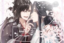 Rule 34 | 1010923, 2boys, bishounen, black hair, black hanfu, blurry, branch, cherry blossoms, chinese clothes, falling petals, finger to another&#039;s mouth, flower, grey eyes, hand on another&#039;s shoulder, hanfu, headband, high ponytail, lan wangji, long hair, long sleeves, looking at another, male focus, modao zushi, multiple boys, open mouth, parted lips, petals, pink flower, ponytail, robe, sidelocks, sleeves past wrists, smile, topknot, twitter username, upper body, watermark, wei wuxian, white hanfu, white headband, yaoi, yellow eyes