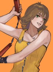 1girl brown_hair dress final_fantasy final_fantasy_viii flipped_hair green_eyes highres holding holding_weapon jewelry necklace nini_tw99 nunchaku selphie_tilmitt short_hair simple_background smile solo weapon yellow_background yellow_dress zipper_dress zipper_pull_tab