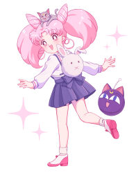 Rule 34 | 1girl, animal bag, back bow, backpack, bag, bishoujo senshi sailor moon, bishoujo senshi sailor moon supers, blue bow, blue skirt, bow, chibi usa, cone hair bun, crescent, crescent facial mark, diana (sailor moon), double bun, facial mark, hair bun, highres, jewelry, juuban elementary school uniform, long hair, luna-p, pink hair, pleated skirt, rabbit bag, red eyes, sailor collar, school uniform, serafuku, short hair, skirt, solo, star (symbol), suspender skirt, suspenders, twintails, white sailor collar, white serafuku, yumeko (yumemexx)