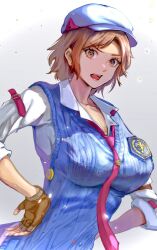 Rule 34 | 1girl, badge, blue hat, blue sweater vest, breasts, brown eyes, brown gloves, brown hair, commentary request, fingerless gloves, gloves, grey background, hands on own hips, hat, highres, kazama asuka, large breasts, looking at viewer, necktie, numao sub, open mouth, pink necktie, shirt, short hair, solo, sweater vest, tekken, tekken 8, white shirt