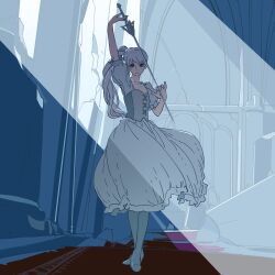 1girl 55bata6rou arm_up dress full_body highres holding holding_sword holding_weapon indoors long_hair looking_at_viewer myrtenaster pantyhose ponytail puffy_short_sleeves puffy_sleeves red_carpet rwby shoes short_sleeves smile solo standing sunlight sword weapon weiss_schnee white_dress white_hair white_pantyhose white_shoes