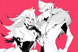 1boy 1girl andrealphus_(helluva_boss) blue_eyes brother_and_sister demon_boy demon_girl dress hair_slicked_back hand_on_own_hip helluva_boss humanization long_hair looking_at_viewer pink_eyes siblings spot_color stella_(helluva_boss) zhu_xing_pupupu