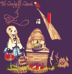 1girl basket bird blonde_hair blood blue_eyes collet dorothy_gale dress flower house lowres pantyhose pixel_art slippers striped_clothes striped_pantyhose the_wizard_of_oz toto_(the_wizard_of_oz) transparent_background when_you_see_it wicked_witch_of_the_east