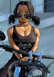 1girl arung_samudra_(cessa) biceps black_hair black_tank_top blurry blurry_background breasts cessa cleavage large_breasts looking_at_viewer motor_vehicle motorcycle muscular muscular_female ombok_diving_and_delivery_services print_tank_top shadow short_twintails smile solo sunglasses tank_top twintails upper_body