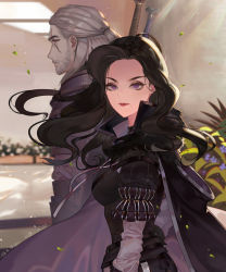 1boy 1girl armor black_cape black_hair blurry blurry_background breasts cape commentary_request floating_hair flower from_side frown fur_trim geralt_of_rivia half_updo highres layered_sleeves leaning_forward light_rays long_hair long_sleeves looking_at_viewer looking_away medium_breasts mole mole_under_mouth orange_eyes peach_luo plant planter profile puff_and_slash_sleeves puffy_sleeves purple_eyes red_lips scar scar_across_eye scar_on_face short_over_long_sleeves short_sleeves side-by-side smile swimsuit the_witcher_(series) the_witcher_3 upper_body white_hair wind yennefer