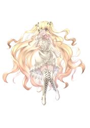 1girl absurdres boots flower flower_over_eye frilled_shirt frilled_skirt frills full_body green_eyes high_heels highres juliet_sleeves kirakishou lace-up_boots long_hair long_sleeves looking_at_viewer majinno puffy_sleeves rose rozen_maiden shirt skirt thigh_boots very_long_hair wavy_hair white_boots white_flower white_rose white_shirt white_skirt wide_sleeves