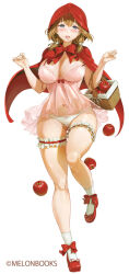 1girl apple basket blue_eyes blush breasts brown_hair camisole cape cleavage commentary_request copyright_notice curvy double-parted_bangs food frilled_thigh_strap fruit full_body girly_running groin holding holding_basket hood hood_up hooded_cape kitiroku large_breasts lingerie little_red_riding_hood_(grimm) looking_at_viewer low_twintails medium_hair melonbooks multicolored_hair narrow_waist navel nightgown open_mouth original panties pink_camisole pink_nightgown red_cape red_shoes running_towards_viewer shoes simple_background smile socks solo standing standing_on_one_leg thigh_strap twintails two-tone_hair underwear updo w_arms walking_towards_viewer white_background white_panties white_socks wide_hips