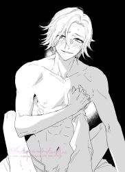 1boy 1other abs aotsuki_eito blush collarbone highres hikarudaihuku holding_hands implied_sex male_focus male_pubic_hair monochrome navel nipples no_shirt out_of_frame protected_link pubic_hair smile spread_legs sweat sweatdrop the_hundred_line_-last_defense_academy- twitter_username watermark