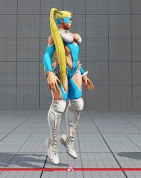 1girl 3d animated animated_gif antenna_hair ass ass_cutout blonde_hair blue_leotard boots breasts capcom cleavage cleavage_cutout clothing_cutout domino_mask female_focus game_screenshot huge_ass jumping large_breasts leotard mask rainbow_mika revealing_clothes solo street_fighter street_fighter_v thick_thighs thigh_boots thighhighs thighs thong_leotard twintails wrestling_outfit