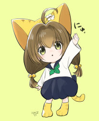 Rule 34 | 1girl, animal hat, arm up, brown hair, cat hat, cat tail, di gi charat, full body, green neckerchief, hat, highres, looking at viewer, mini (minimilk), neckerchief, parted lips, puchiko, shirt, solo, standing, tail, translation request, white shirt, yellow background