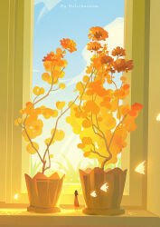 1girl artist_name black_hair blue_sky cloud day dress english_text facing_away fish flower from_behind highres huhv. indoors leaf long_hair original plant potted_plant scenery shadow sky solo standing vase wide_shot window