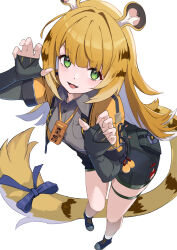 1girl animal_ears black_shirt black_shoes black_shorts blonde_hair claw_pose collared_shirt cropped_jacket fang green_eyes highres jacket ju_fufu multicolored_hair open_mouth oramustat shirt shoes shorts skin_fang smile solo tail thigh_strap tiger_ears tiger_girl tiger_tail two-tone_hair white_hair yellow_jacket zenless_zone_zero