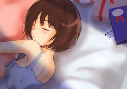 1girl amagami back bare_shoulders blush bob_cut brown_hair chocolate closed_eyes commentary crack_of_light lying murasaki_iro hugging_object on_bed on_side pillow pillow_hug revision shadow short_hair sleeping solo tachibana_miya