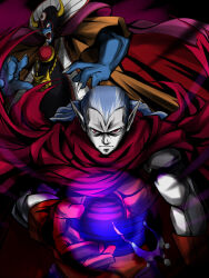 2boys blue_hair blue_skin cape chrono_trigger closed_mouth colored_skin crossover dragon_quest dragon_quest_iii fake_horns fingernails gloves helmet horned_helmet horns jewelry m.u.g.e.n magic magus_(chrono_trigger) male_focus multiple_boys necklace no~ma open_mouth pale_skin pointy_ears red_eyes robe sharp_fingernails sharp_teeth skull_necklace teeth zoma