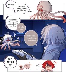 Rule 34 | 2boys, 3koma, ahoge, aotsuki eito, black gloves, black hair, blue background, book, closed eyes, closed mouth, comic, english text, g&#039;ie (hundred line), gloves, highres, holding, holding book, looking at another, messy hair, multiple boys, reading, red hair, simple background, speech bubble, sumino takumi, the hundred line -last defense academy-, white hair