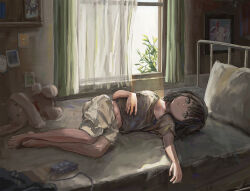 1girl barefoot curtains highres indoors katamimi123 lying midriff navel on_back original pillow plant potted_plant shirt short_hair shorts solo stuffed_animal stuffed_toy sunlight teddy_bear window