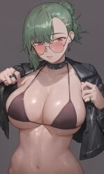Rule 34 | 1girl, absurdres, bikini, black bikini, breasts, brown eyes, choker, cleavage, collarbone, freckles, free style (yohan1754), glasses, green hair, highres, large breasts, long sleeves, looking at viewer, medium hair, navel, open clothes, original, parted lips, seductive gaze, solo, swimsuit