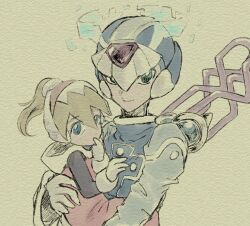 1boy 1girl aged_down blonde_hair blue_eyes blue_helmet blue_wings ciel_(mega_man) cyber_elf_x_(mega_man) forehead_jewel halo helmet high_ponytail highres looking_at_viewer mega_man_(series) mega_man_zero_(series) natsumi_6021 ponytail simple_background upper_body wings x_(mega_man)