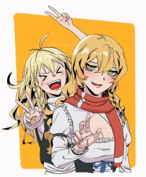 &gt;_&lt; 2girls :d absurdres bags_under_eyes black_vest blonde_hair blue_bow blush bow braid breasts cleavage cleavage_cutout clothing_cutout commentary_request cookie_(touhou) double_v green_eyes hair_between_eyes hair_bow highres kirisame_marisa large_breasts long_bangs long_hair looking_at_viewer mars_(cookie) multiple_girls omaru_omuuck open_mouth orange_background pink_bow red_scarf scarf shirt side_braid single_braid smile touhou turtleneck turtleneck_shirt two-tone_background upper_body uzuki_(cookie) v vest white_shirt xd